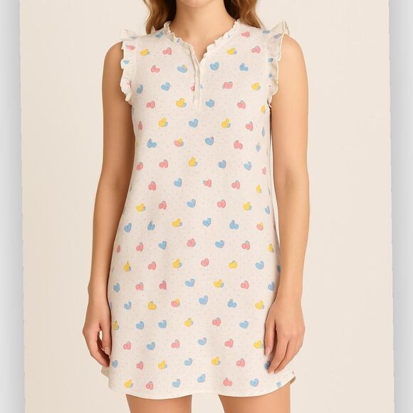 Vintage 80s 90s 1990s White and pink heart polka dot baby nightgown with ruffles - Picture 1 of 8